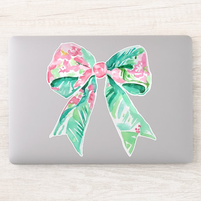 Preppy Pink und Aqua Floral Bow Aufkleber (Computer)