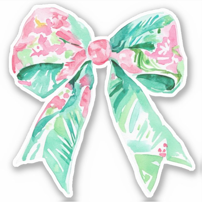 Preppy Pink und Aqua Floral Bow Aufkleber (Vorderseite)