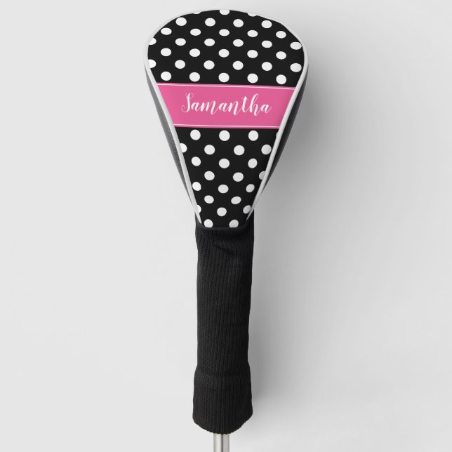 Preppy Pink und Black Polka Dots Personalisiert Golf Headcover (Vorderseite)