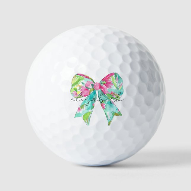 Preppy Pink und Green Bow Personalisiert Golfball (Vorderseite)