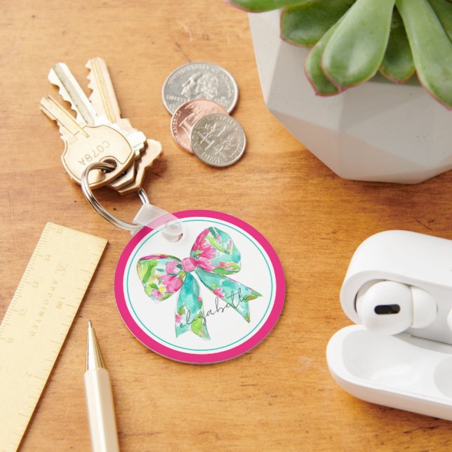 Preppy Pink und Green Bow Personalisiert Schlüsselanhänger (Schreibtisch)