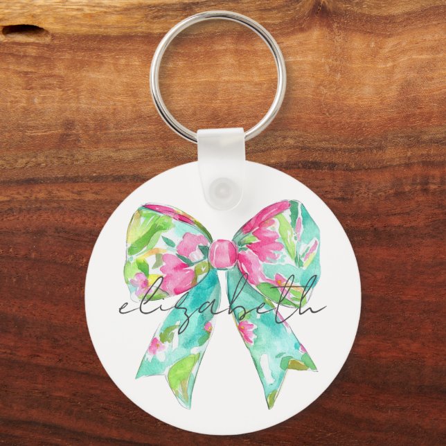Preppy Pink und Green Bow Personalisiert Schlüsselanhänger (Vorderseite)