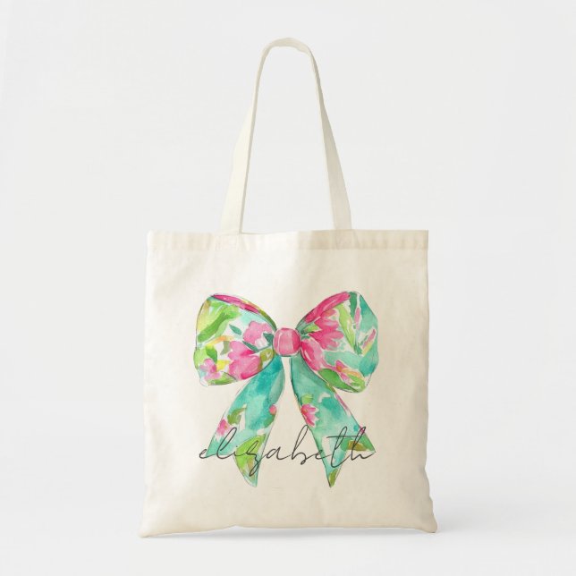 Preppy Pink und Green Bow Personalisiert Tragetasche (Vorne)