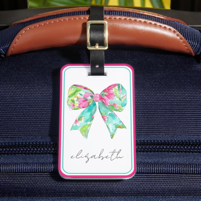 Preppy Pink und Green Bow Personalisiert Travel Gepäckanhänger (Vorderseite Insitu 2)