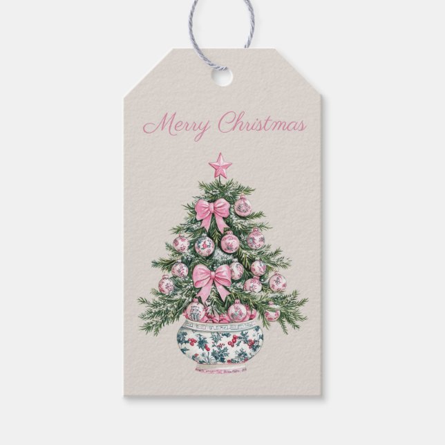 Preppy Pink und Green Chinoiserie Weihnachtsbaum Geschenkanhänger (Vorderseite)