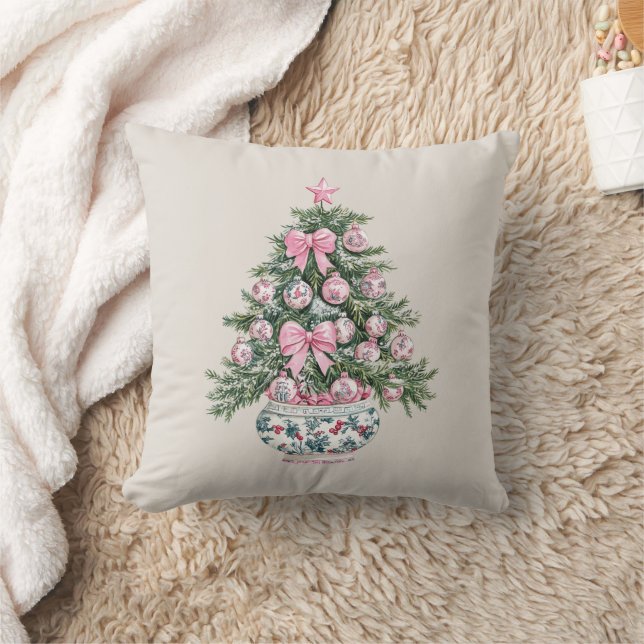 Preppy Pink und Green Chinoiserie Weihnachtsbaum Kissen (Decke)