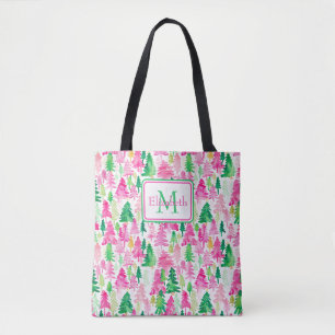 Preppy Pink und Green Christmas Trees Monogram