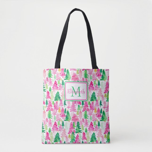 Preppy Pink und Green Christmas Trees Monogram (Vorderseite)