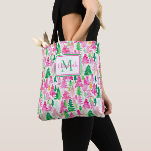 Preppy Pink und Green Christmas Trees Monogram