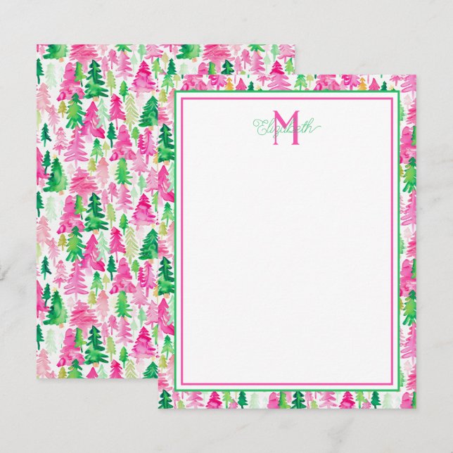 Preppy Pink und Green Christmas Trees Monogram Mitteilungskarte (Vorne/Hinten)