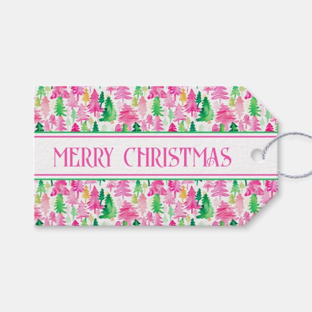 Preppy Pink und Green Christmas Trees Personalisie Geschenkanhänger (Vorderseite (Horizontal))
