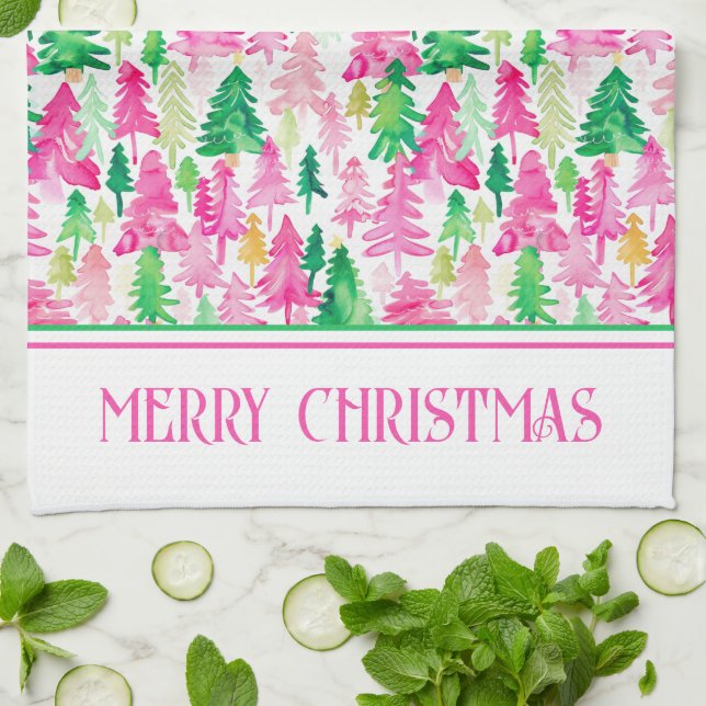 Preppy Pink und Green Christmas Trees Personalisie Geschirrtuch (Gefaltet)