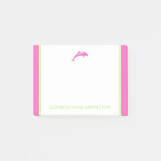 Preppy Pink und Green Delphin Personalisiert Post-it Klebezettel (Vorderseite)
