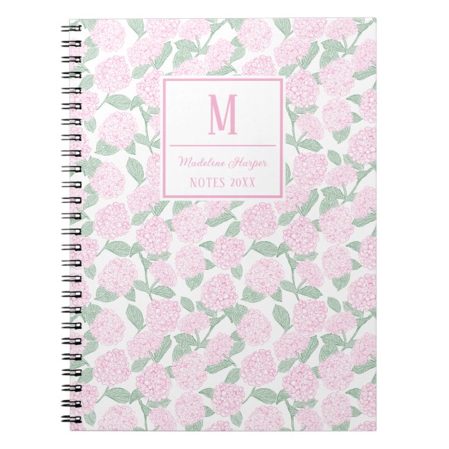Preppy Pink und Green Hydrangeas Monogram Notizblock (Vorderseite)