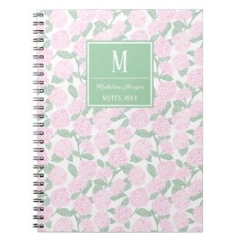 Preppy Pink und Green Hydrangeas Monogram Notizblock