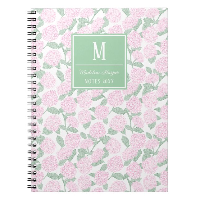 Preppy Pink und Green Hydrangeas Monogram Notizblock (Vorderseite)