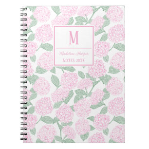 Preppy Pink und Green Hydrangeas Monogram Notizblock