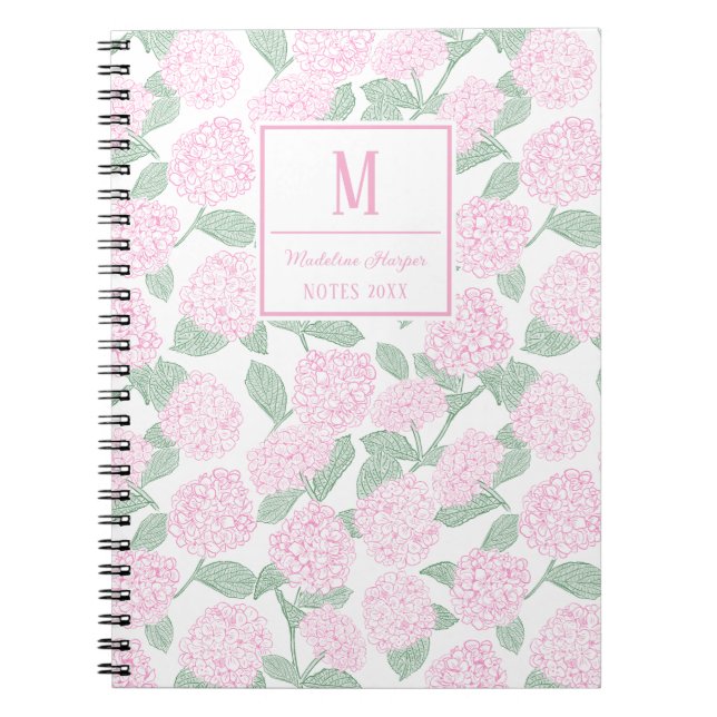 Preppy Pink und Green Hydrangeas Monogram Notizblock (Vorderseite)