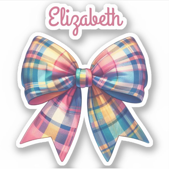 Preppy Pink und Green Kariert Bow und Name Aufkleber (Vorderseite)