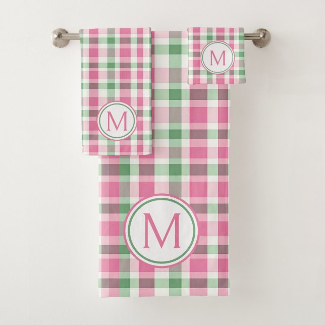 Preppy Pink und Green Kariert Monogram Badhandtuch Set (Insitu)