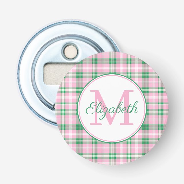 Preppy Pink und Green Kariert Monogram Flaschenöffner (Vorderseite)