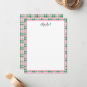 Preppy Pink und Green Kariert Monogram Mitteilungskarte