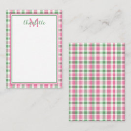 Preppy Pink und Green Kariert Monogram Mitteilungskarte