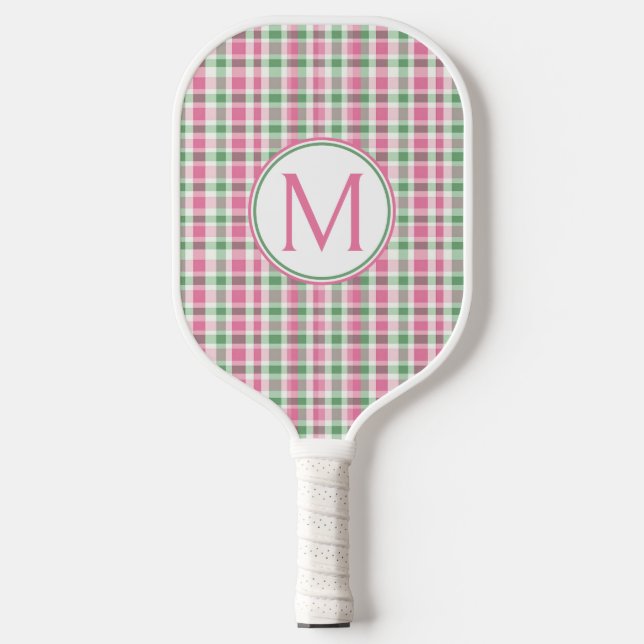 Preppy Pink und Green Kariert Monogram Pickleball Schläger (Vorderseite)