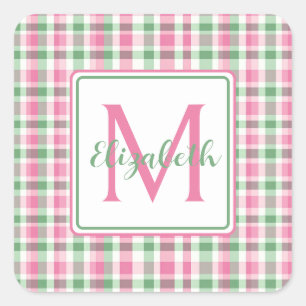 Preppy Pink und Green Kariert Monogram Quadratischer Aufkleber