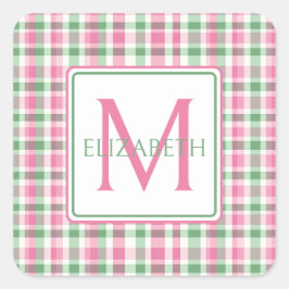 Preppy Pink und Green Kariert Monogram Quadratischer Aufkleber