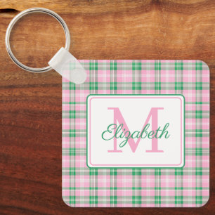 Preppy Pink und Green Kariert Monogram Schlüsselanhänger