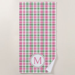 Preppy Pink und Green Kariert Monogram Strandtuch