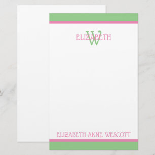Preppy Pink und Green Monogram Briefpapier