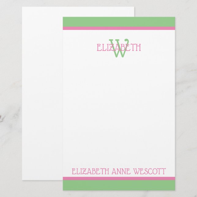 Preppy Pink und Green Monogram Briefpapier (Vorne/Hinten)