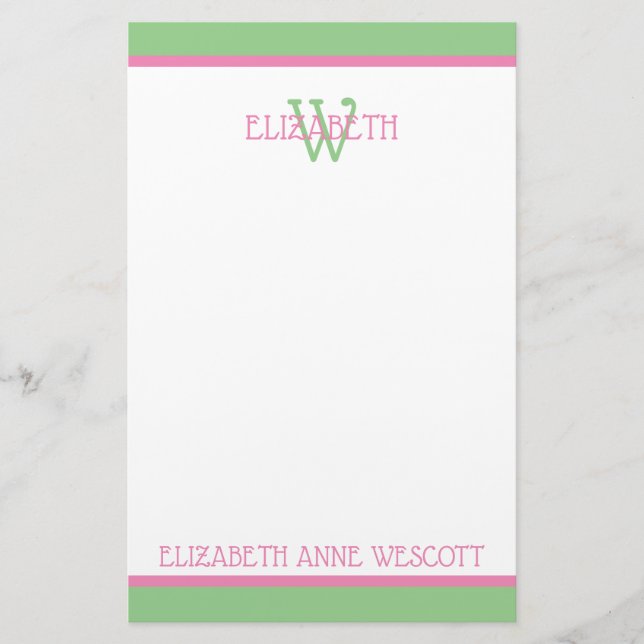 Preppy Pink und Green Monogram Briefpapier (Vorderseite)