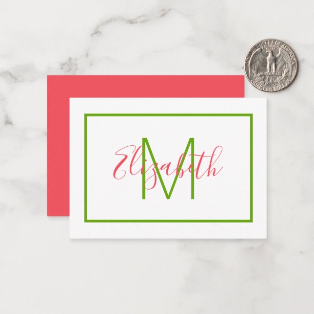 Preppy Pink und Green Monogram Mitteilungskarte (Vorderseite/Rückseite Beispiel)