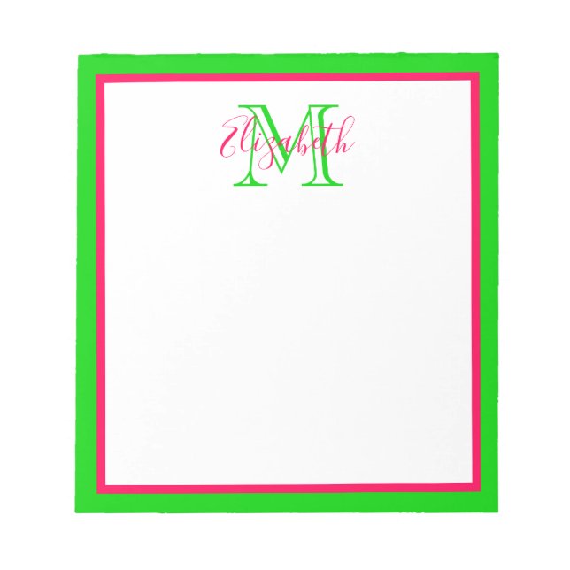 Preppy Pink und Green Monogram Notizblock (Vorderseite)