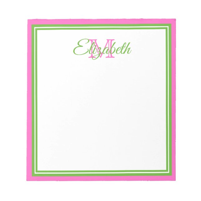 Preppy Pink und Green Monogram Notizblock (Vorderseite)