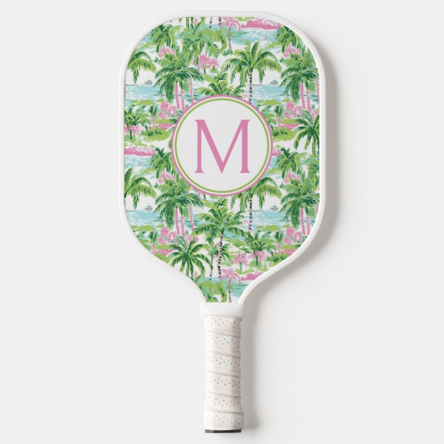 Preppy Pink und Green Palm Trees Monogram Pickleball Schläger (Vorderseite)
