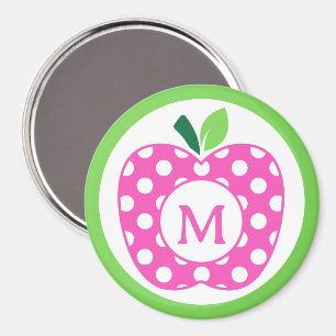 Preppy Pink und Green Polka Dot Apple Monogramm Magnet