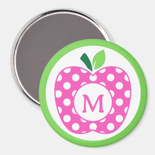 Preppy Pink und Green Polka Dot Apple Monogramm Magnet (Vorderseite/Rückseite)