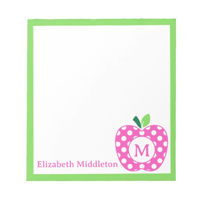 Preppy Pink und Green Polka Dot Apple Monogramm Notizblock (Vorderseite)