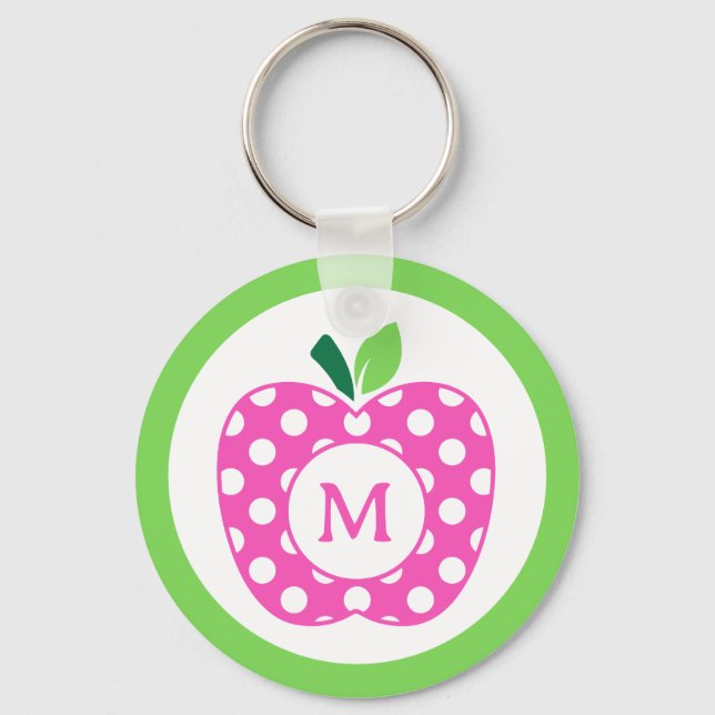 Preppy Pink und Green Polka Dot Apple Monogramm Schlüsselanhänger (Vorderseite)