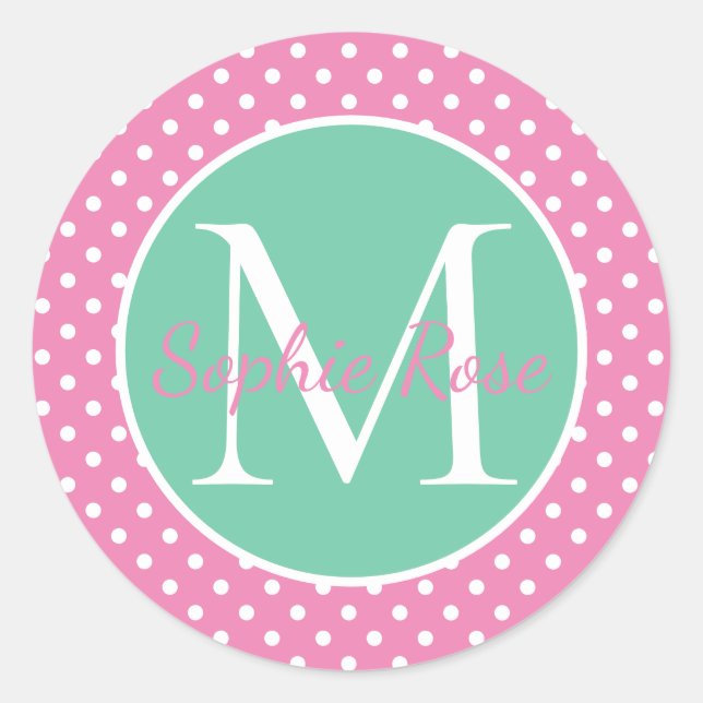 Preppy Pink und Green Polka Dot Monogram Runder Aufkleber (Vorderseite)