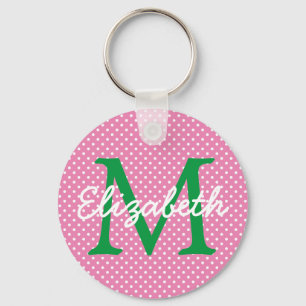 Preppy Pink und Green Polka Dot Monogram Schlüsselanhänger