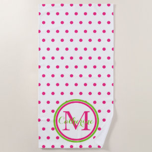 Preppy Pink und Green Polka Dot Monogram Strandtuch
