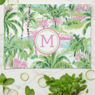 Preppy Pink und Green Tropical Palm Tree Monogram Geschirrtuch