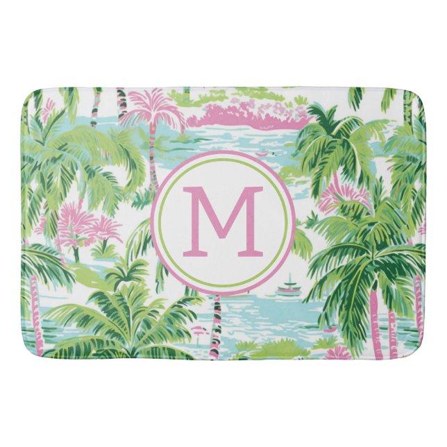 Preppy Pink und Green Tropical Palm Trees Monogram Badematte (Vorderseite)