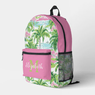 Preppy Pink und Green Tropical Palm Trees Monogram Bedruckter Rucksack