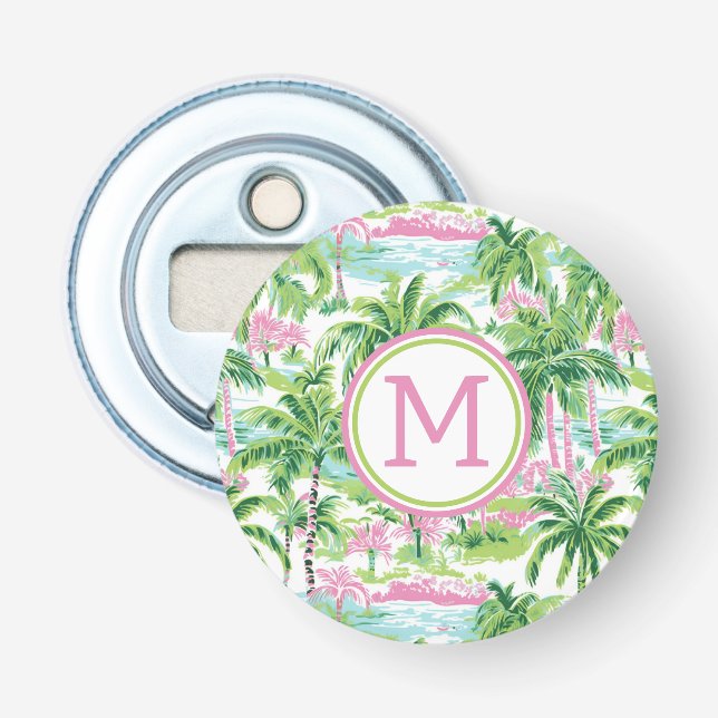 Preppy Pink und Green Tropical Palm Trees Monogram Flaschenöffner (Vorderseite)
